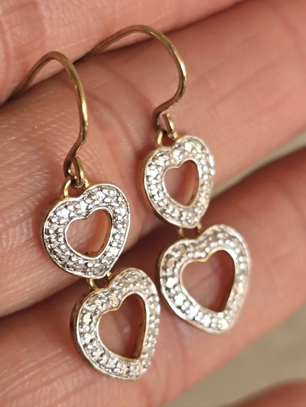 Fancy genuine diamond 925 sterling silver gold vermeil double heart dangle earri